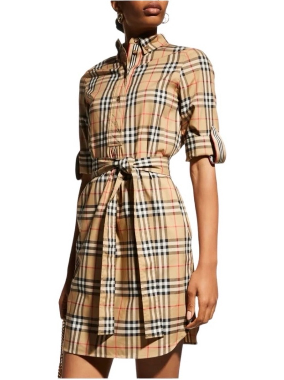 Burberry, brand new Giovanna Beige Check Belted cotton Shirt Dress, size 6